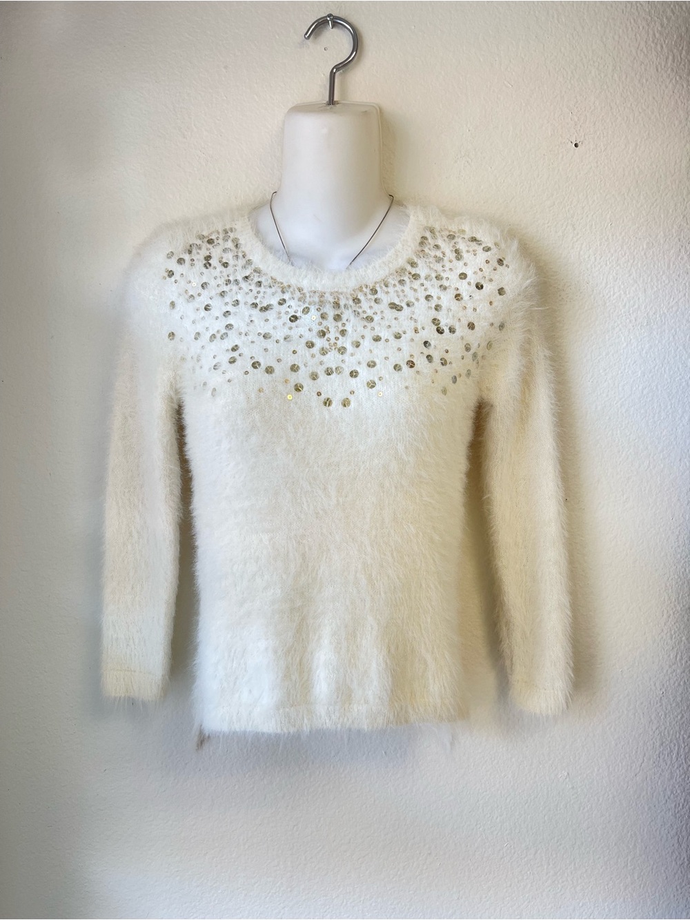 H&M Cream Fuzzy Crewneck Sweater with Gold Sequin Yoke